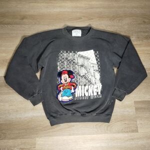 🔥VTG 90s🔥 Mickey Mouse Street Wear Faded Black Crewneck Sweater Hip Hop Grunge